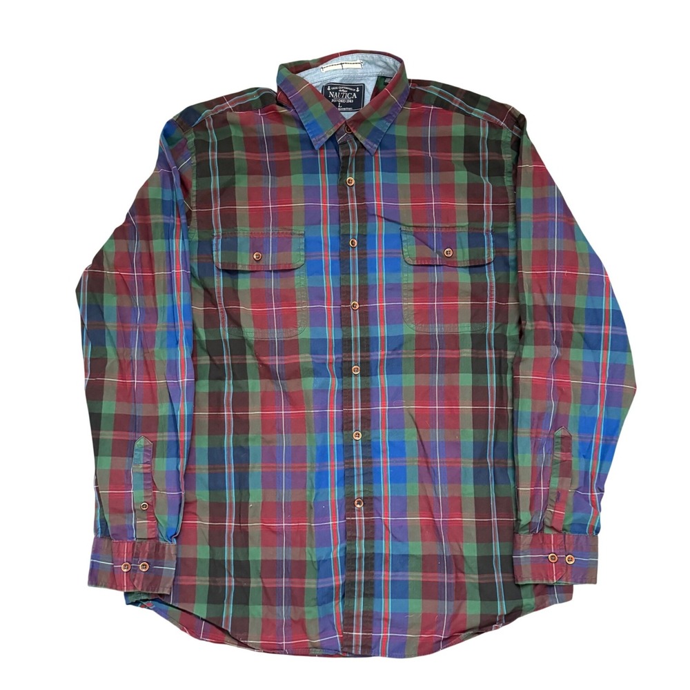 Nautica Mens Large Long Sleeve Plaid Button Down Shirt Multi Color Cotton